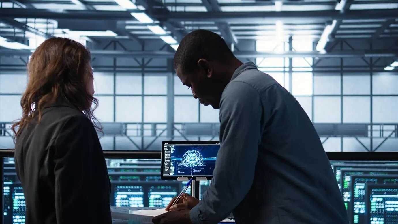 В дата-центре менеджер встречается с клиентом для просмотра файлов; они пожимают друг другу руки.